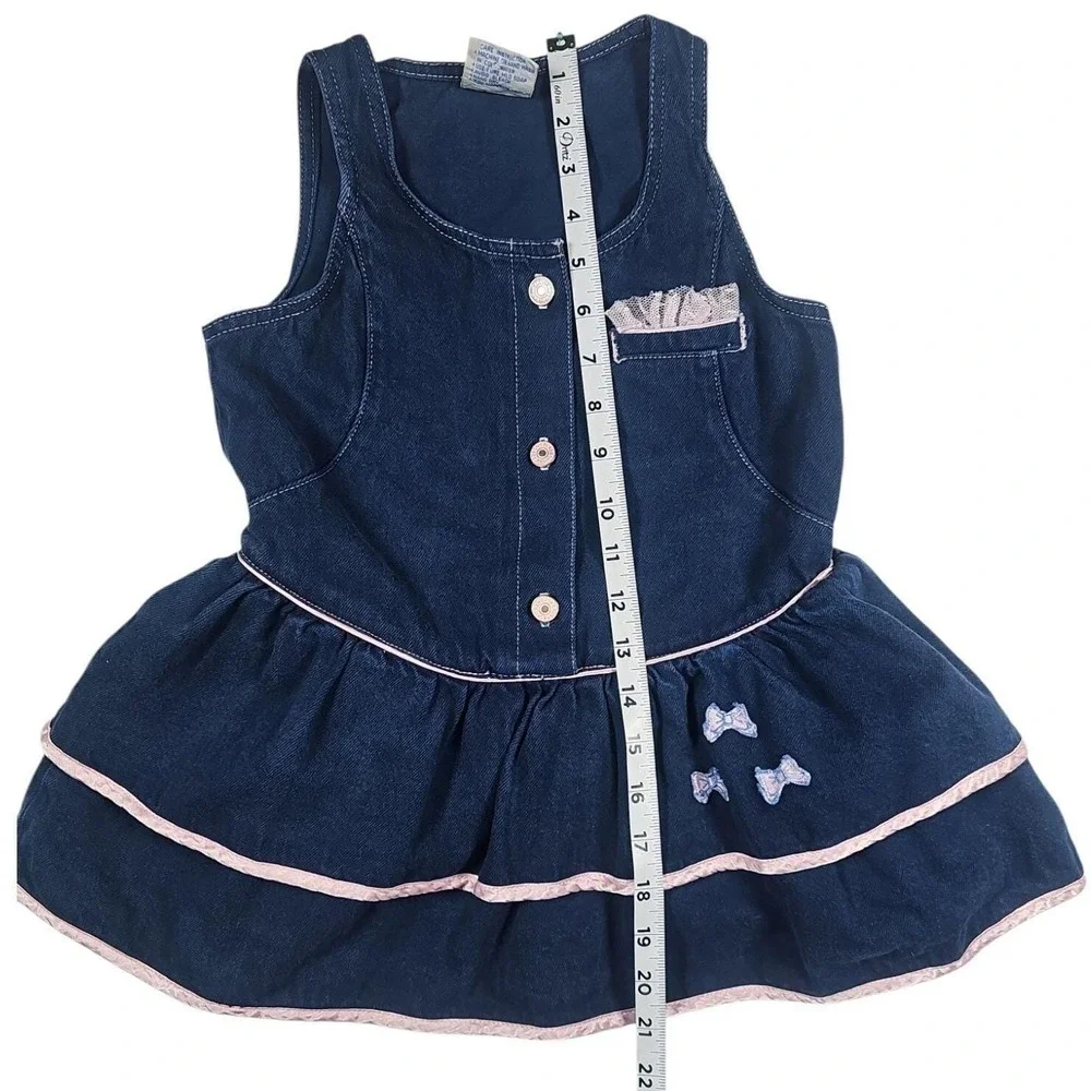 Calabash Denim Dress‎ Vintage Pink Trim Bows Sleeveless Girl's Size 5
